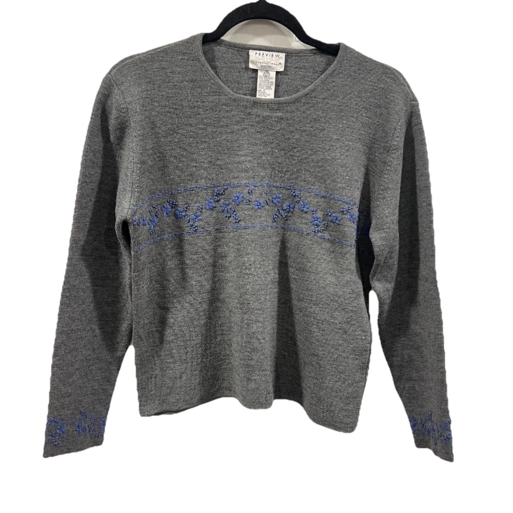 Vintage Preview International Petite Embroidered Merino Wool Sweater Grey Small